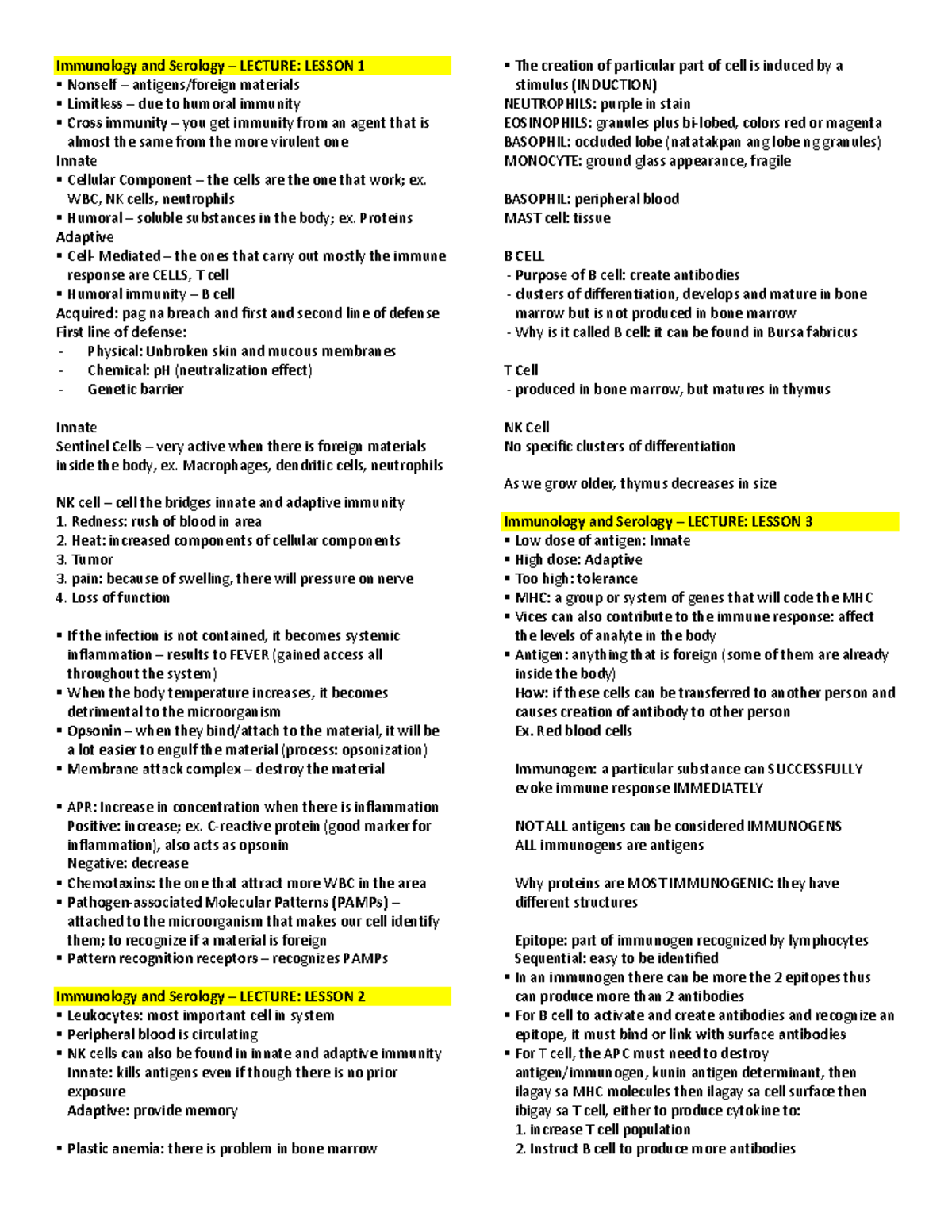 Lesson 1-side notes - Immunology and Serology – LECTURE: LESSON 1 ...