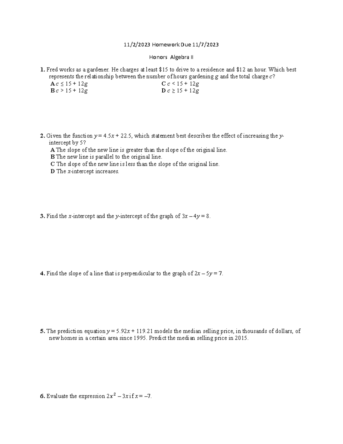 Chapter 2 HW - 11/2/2023 Homework Due 11/7/ Honors Algebra II Fred ...