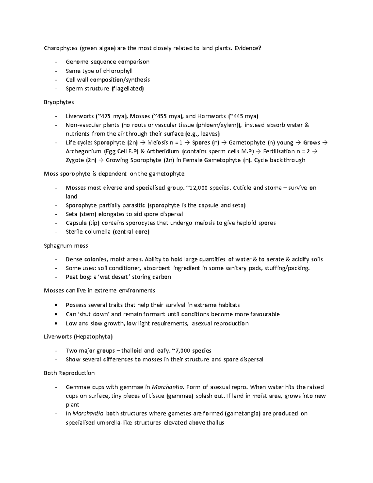 Bio 108 Topic Test 2 Notes - Charophytes (green algae) are the most ...