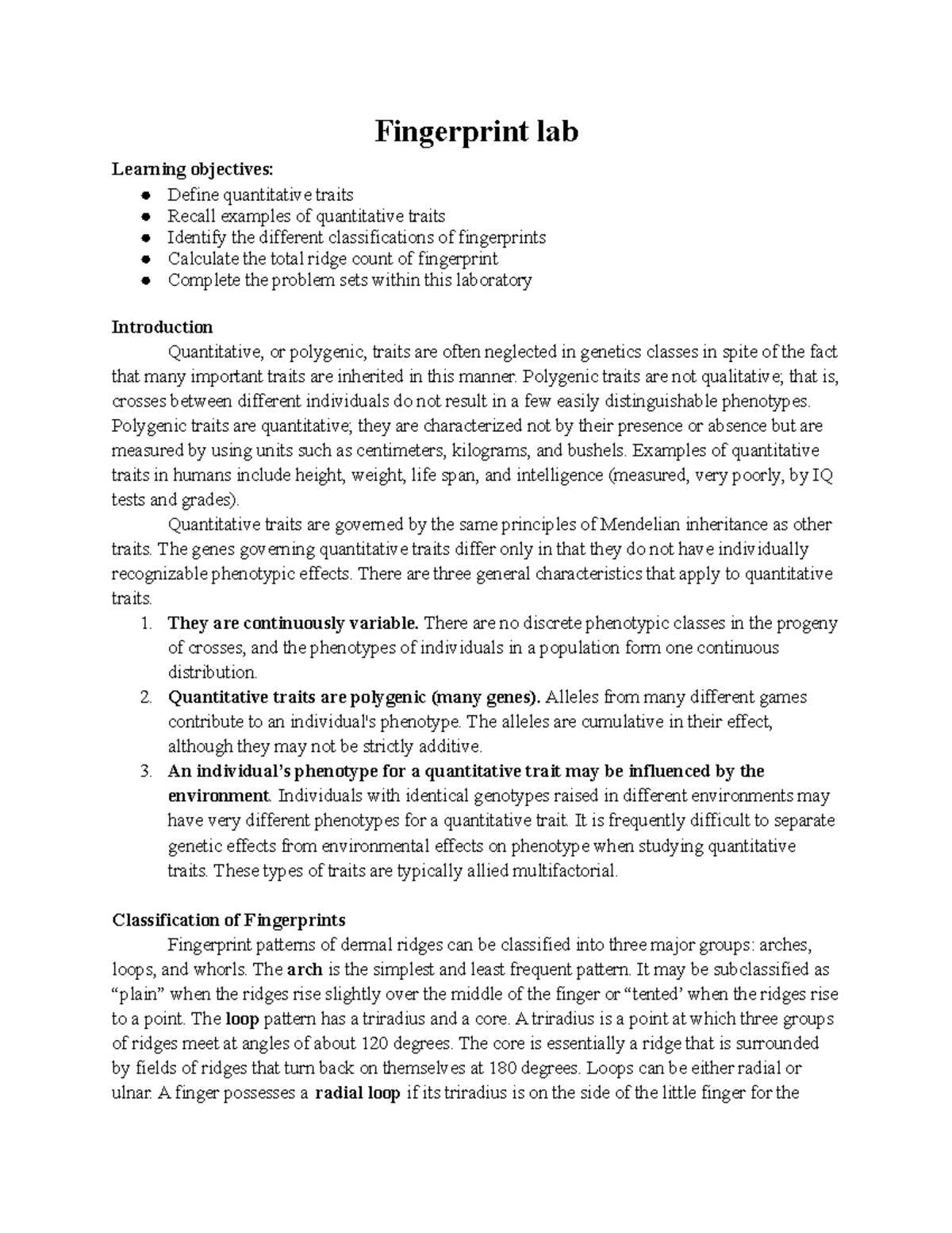 Biology fingerprint lab Fingerprint lab Learning objectives Define
