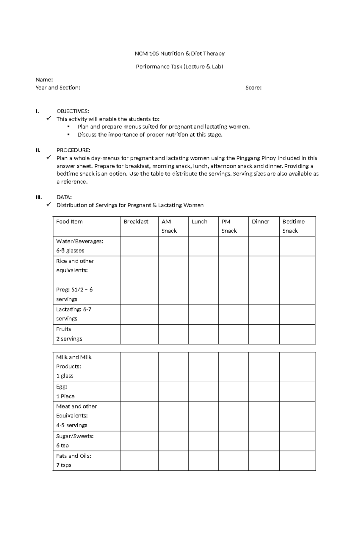 Nutri PETA - NCM 105 Nutrition & Diet Therapy Performance Task (Lecture ...