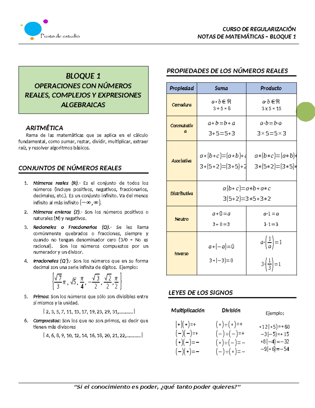 Apuntes - Matemáticas - Bloque 1 - Aritmetica - Regularización - CURSO ...