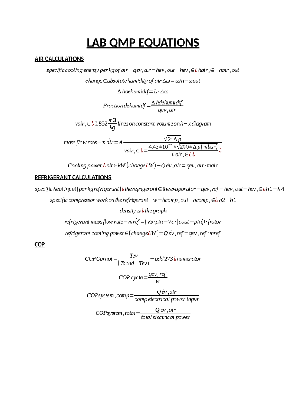 LAB QMP Equations - LAB QMP EQUATIONS AIR CALCULATIONS specific cooling ...