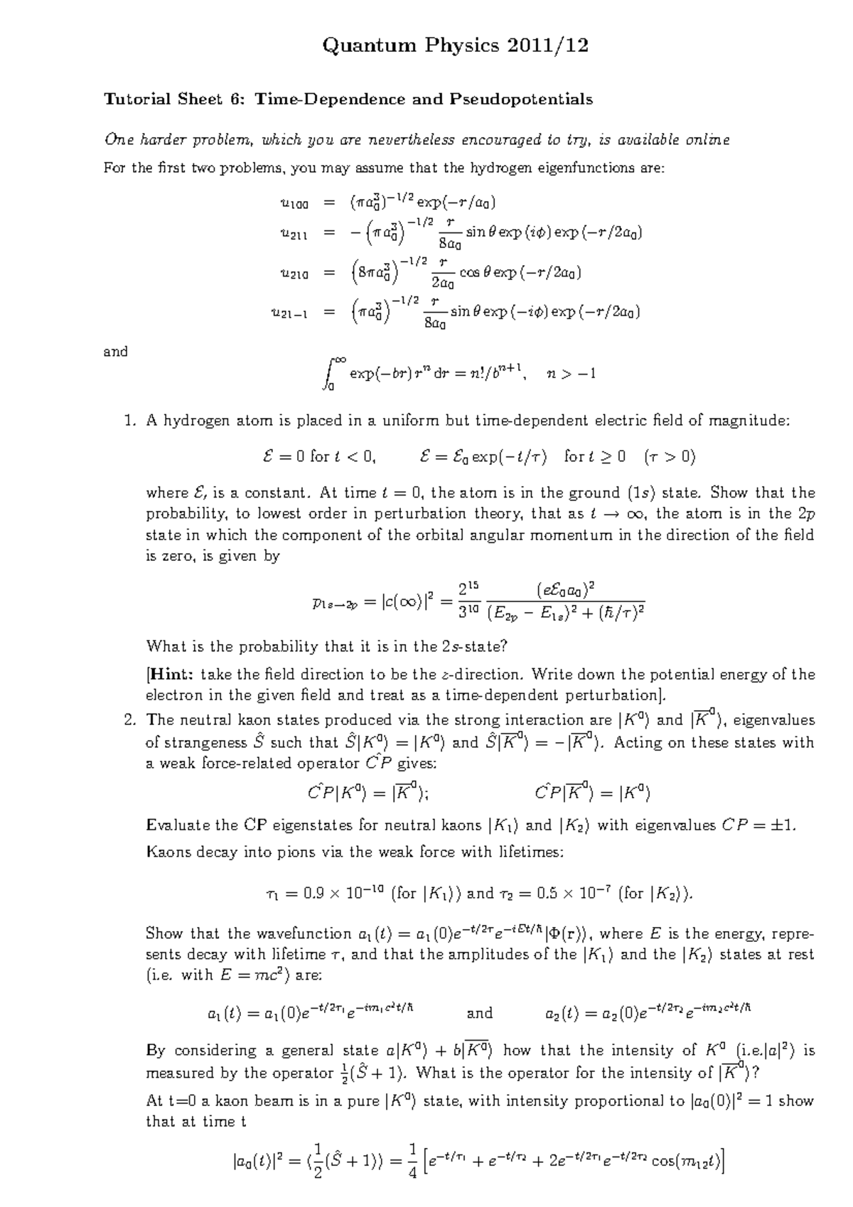 Tutorial 06 - Questions - Quantum Physics Tutorial Sheet 6: and ...