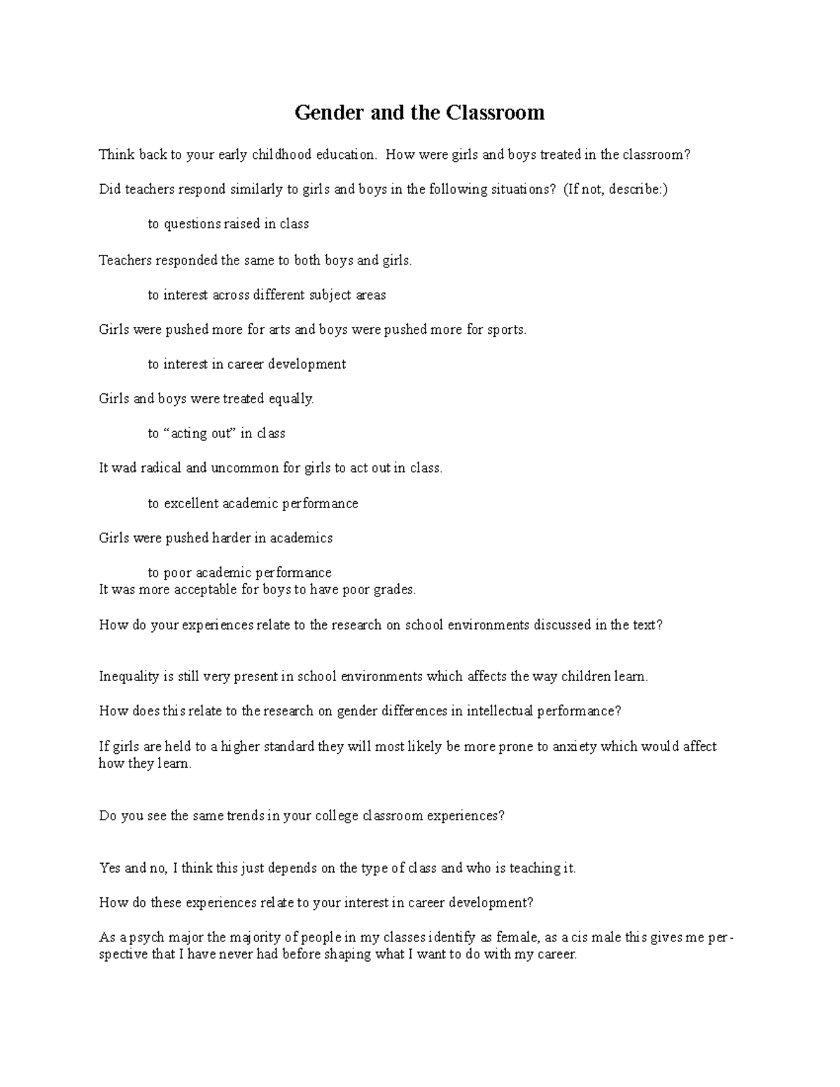 Gender and the Classroom w - Gender and the Classroom Think back to ...