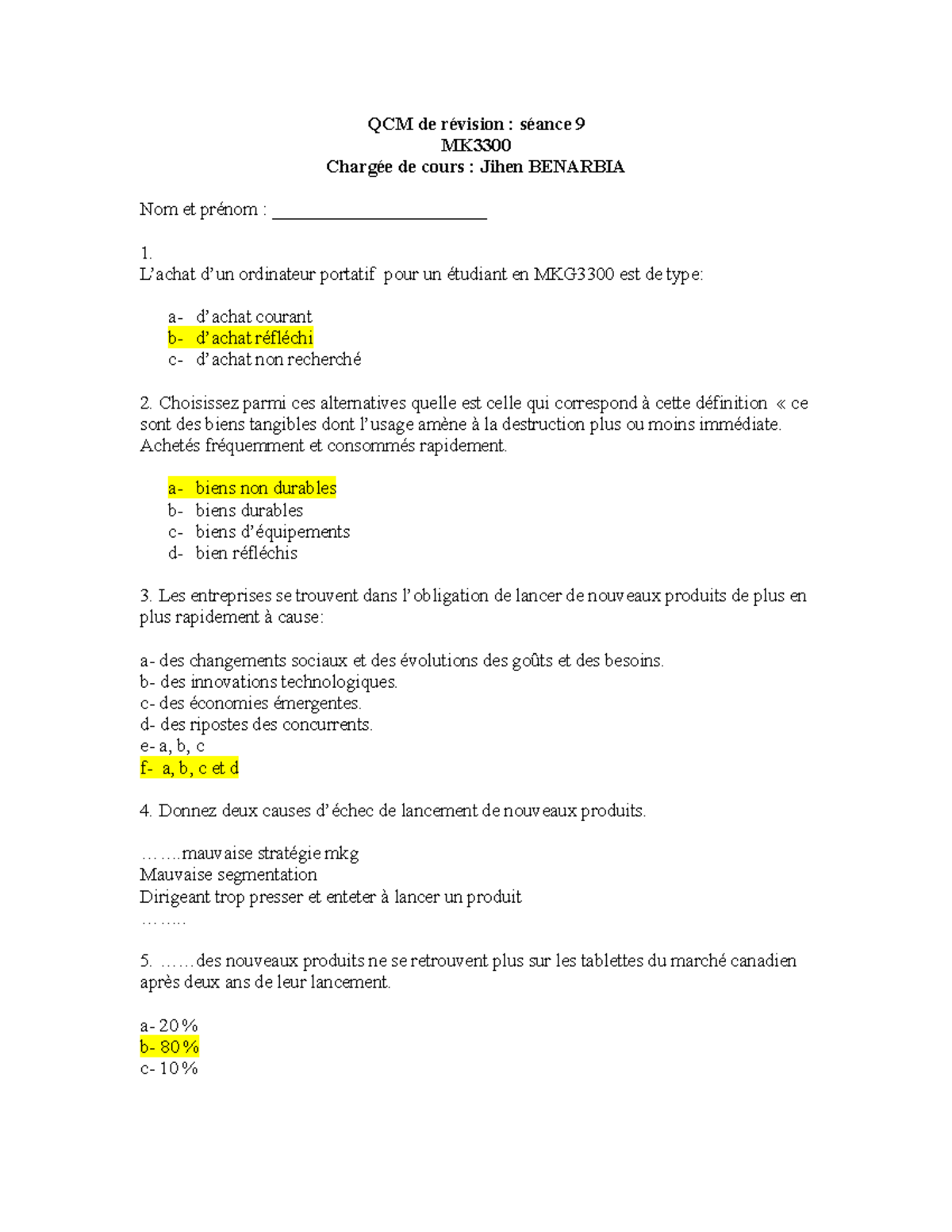 Quiz De R Vision Sur La S Ance 9 H2017 - QCM De Révision : Séance 9 MK ...