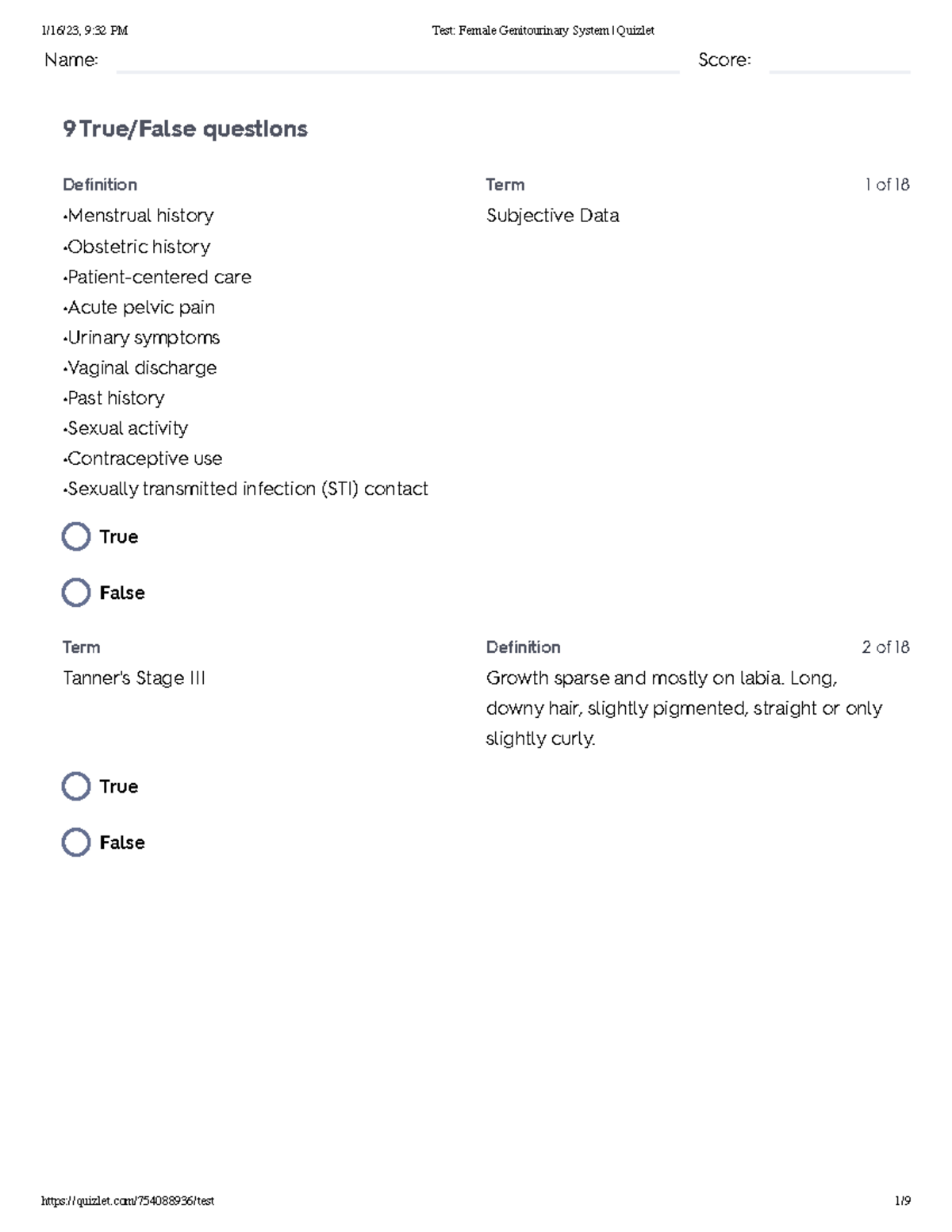 Test Female Genitourinary System Quizlet Name Score 9 True/False
