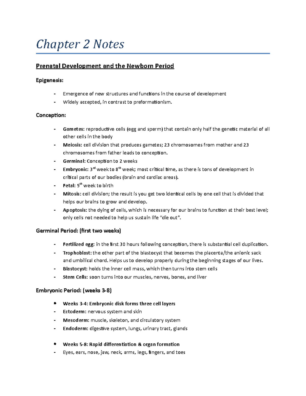 Child Psych Lecture 2 - Chapter 2 Notes Prenatal Development and the ...