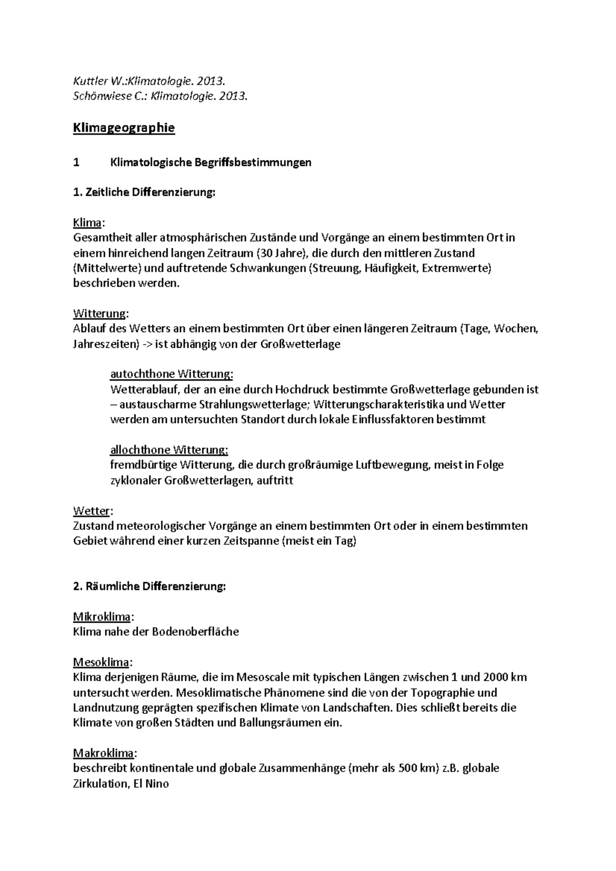 Klimageographie Skript/Zusammenfassung - Kuttler W.:Klimatologie. 2013 ...