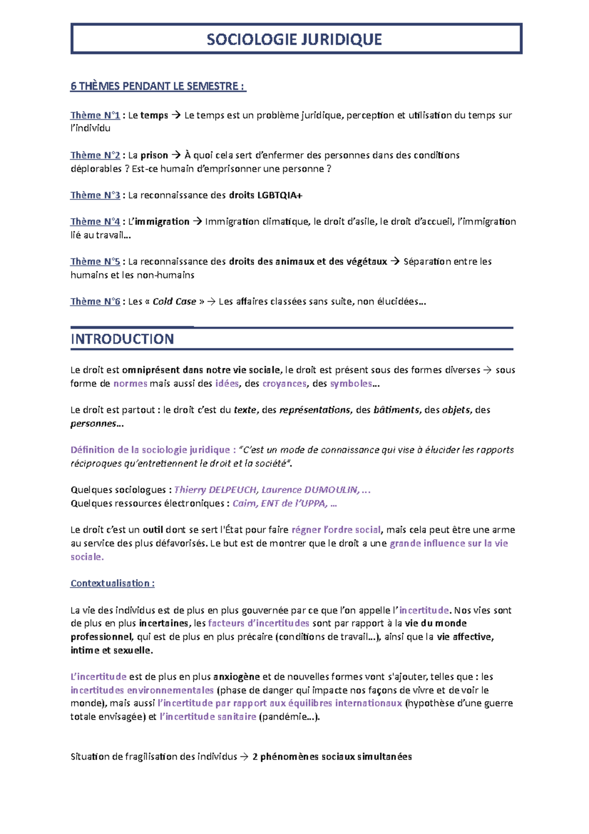 Sociologie Juridique SOCIOLOGIE JURIDIQUE 6 THÈMES PENDANT LE