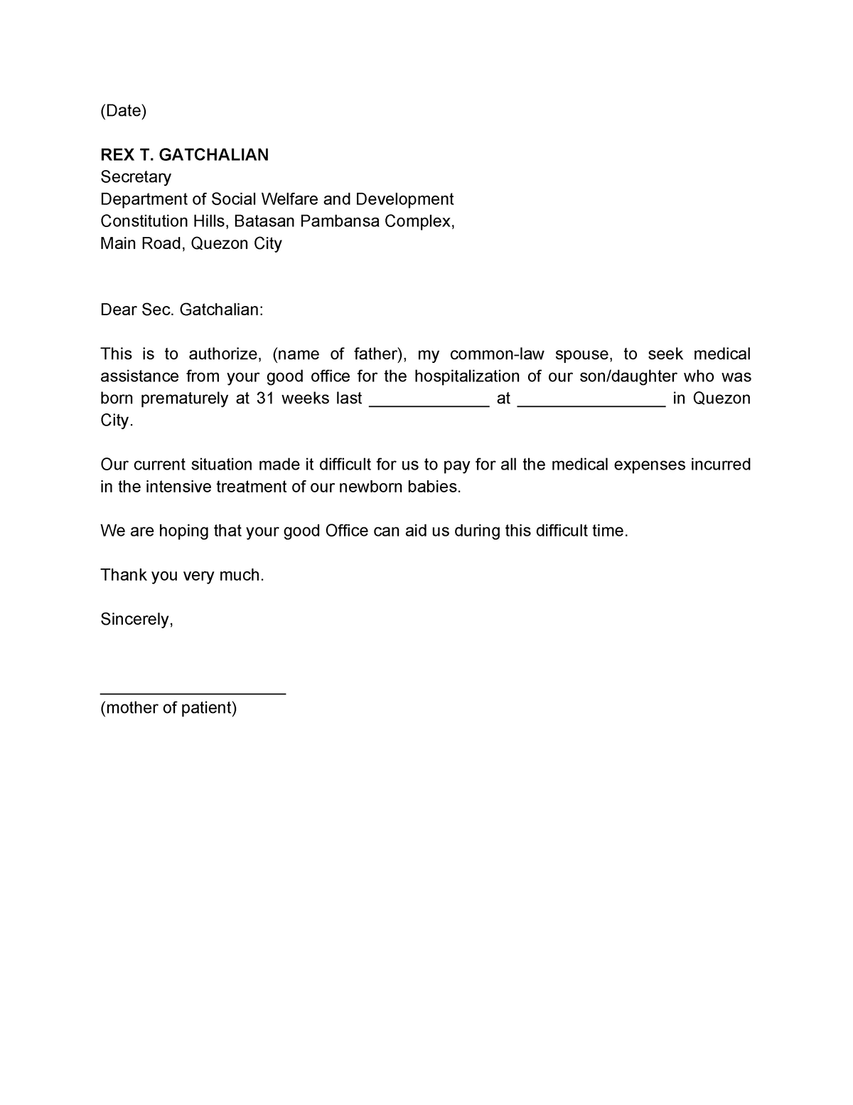 DSWD Authorization Letter - (Date) REX T. GATCHALIAN Secretary ...