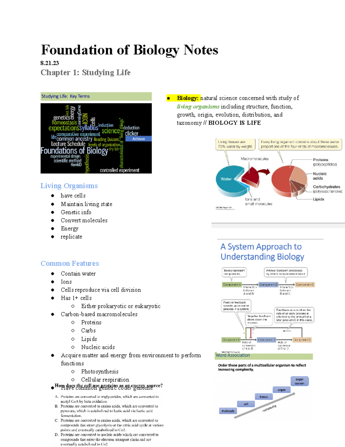 Bio notes before midterm 1 - Foundation of Biology Notes 8. Chapter 1 ...