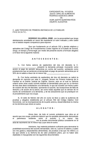 Alegatos DEMANDA DE PENSION ALIMENTICIA - EXPEDIENTE No. 1013/ JUICIO: ORAL  DE ALIMENTOS RODRIGO - Studocu