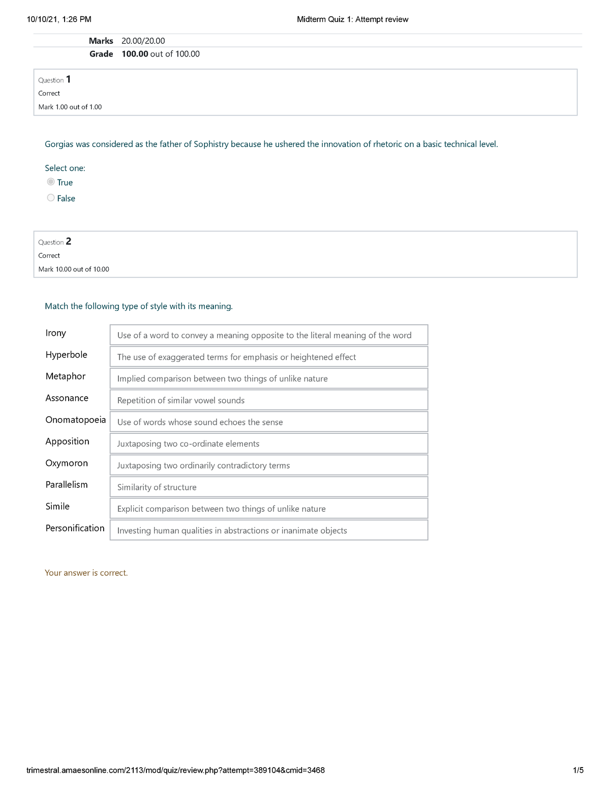 ENGL6100 - Midterm QUIZ 1 - Marks 20/20. Grade 100 out of 100. Question ...