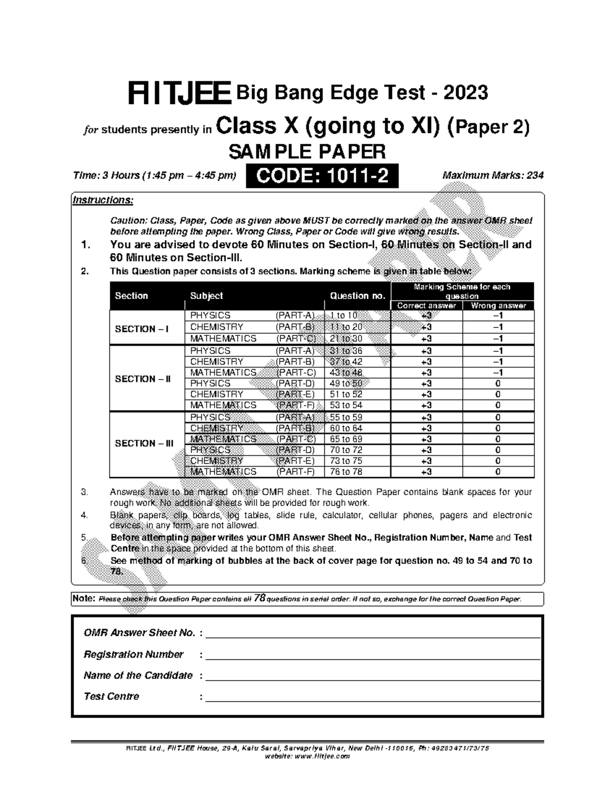 Sample Paper Bbe 2023 Class X P2 Pcm Fiitjee Ltd Fiitjee House 29 A Kalu Sarai