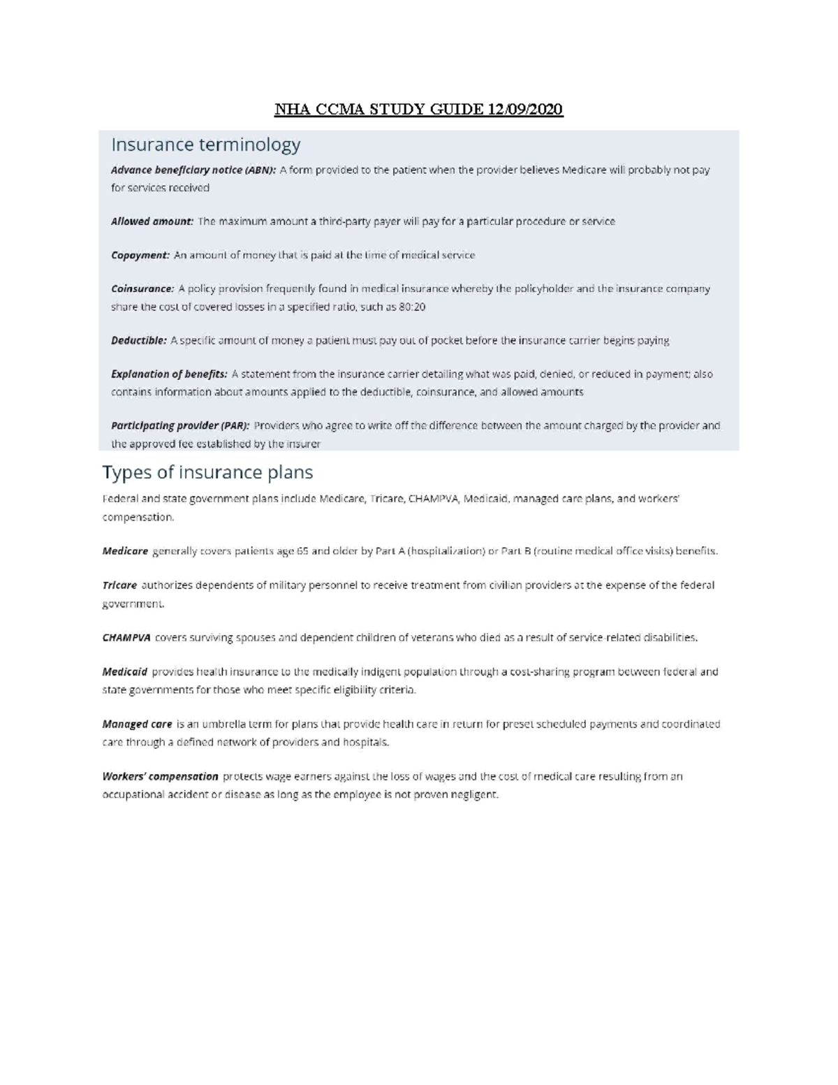 CCMA Practice Guide 202O - NURS 210 - NHA CCMA STUDY GUIDE 12/09/ - Studocu