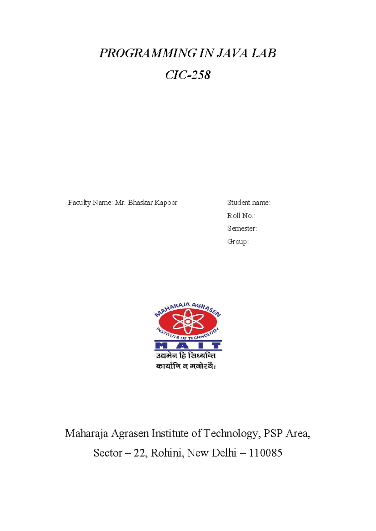 File Format JAVA Lab - PROGRAMMING IN JAVA LAB CIC- Faculty Name: Mr ...