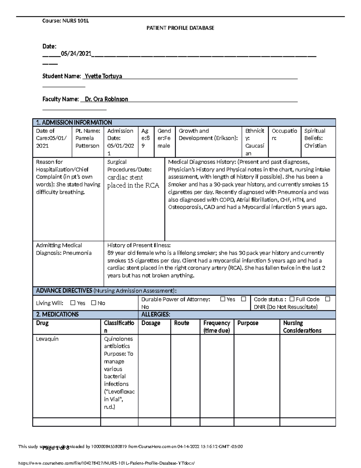 NURS 101L Patient Profile Database YT - N 176 - Saddleback - Studocu