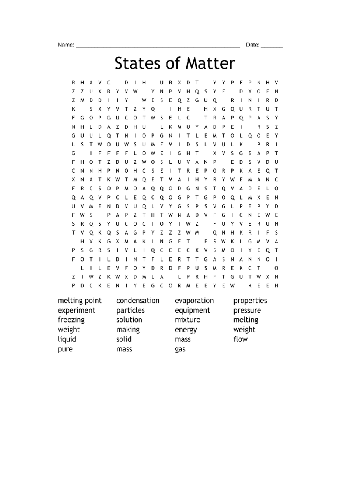 Wordsearch - States OF Matter - Name: Date: States of Matter RHAVC DIH ...