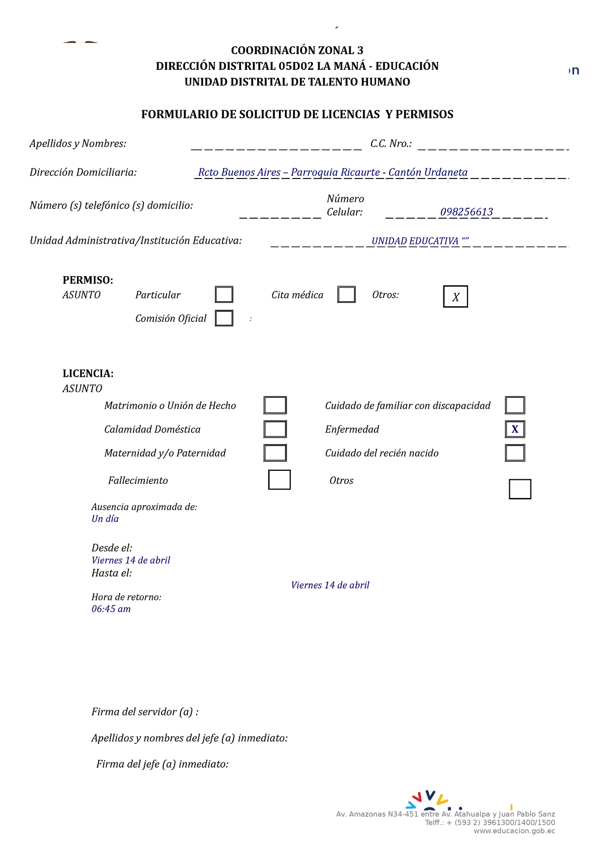 Formulario DE Solicitud DE Permisos Y Licencias - COORDINACIÓN ZONAL 3 ...