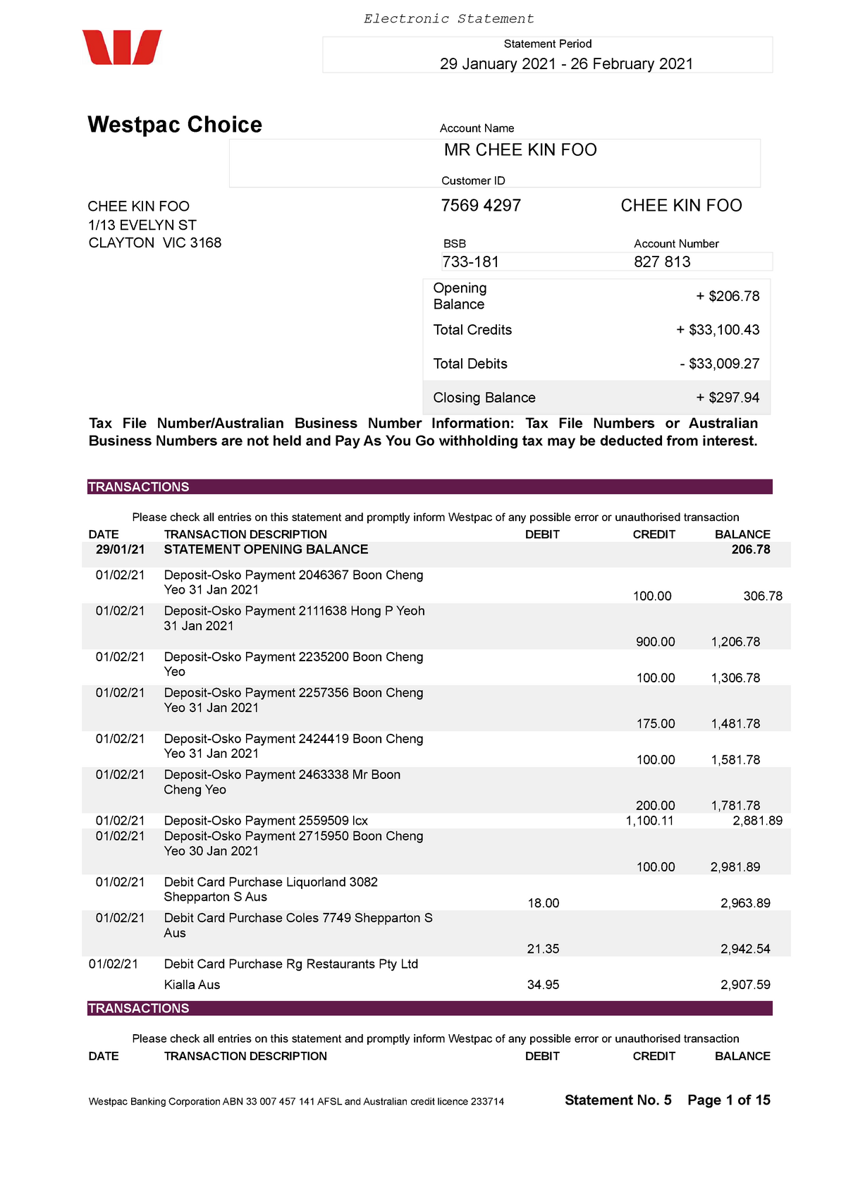 Westpac Bank Statement Statement Period 29 January 2021 26 February 2021 Westpac Choice 