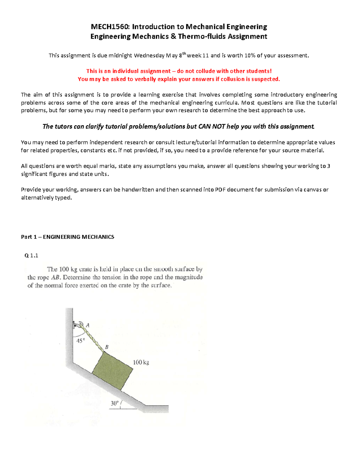 MECH1560 Mechanics And Thermofluids Assignment 2024 - MECH1560 ...