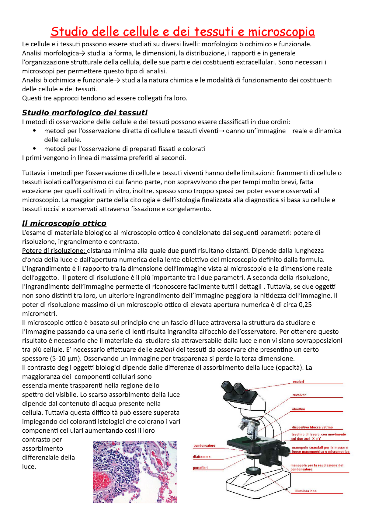 Microscopio - Riassunto Biologia della cellula - Studio delle cellule e dei  tessuti e microscopia Le - Studocu