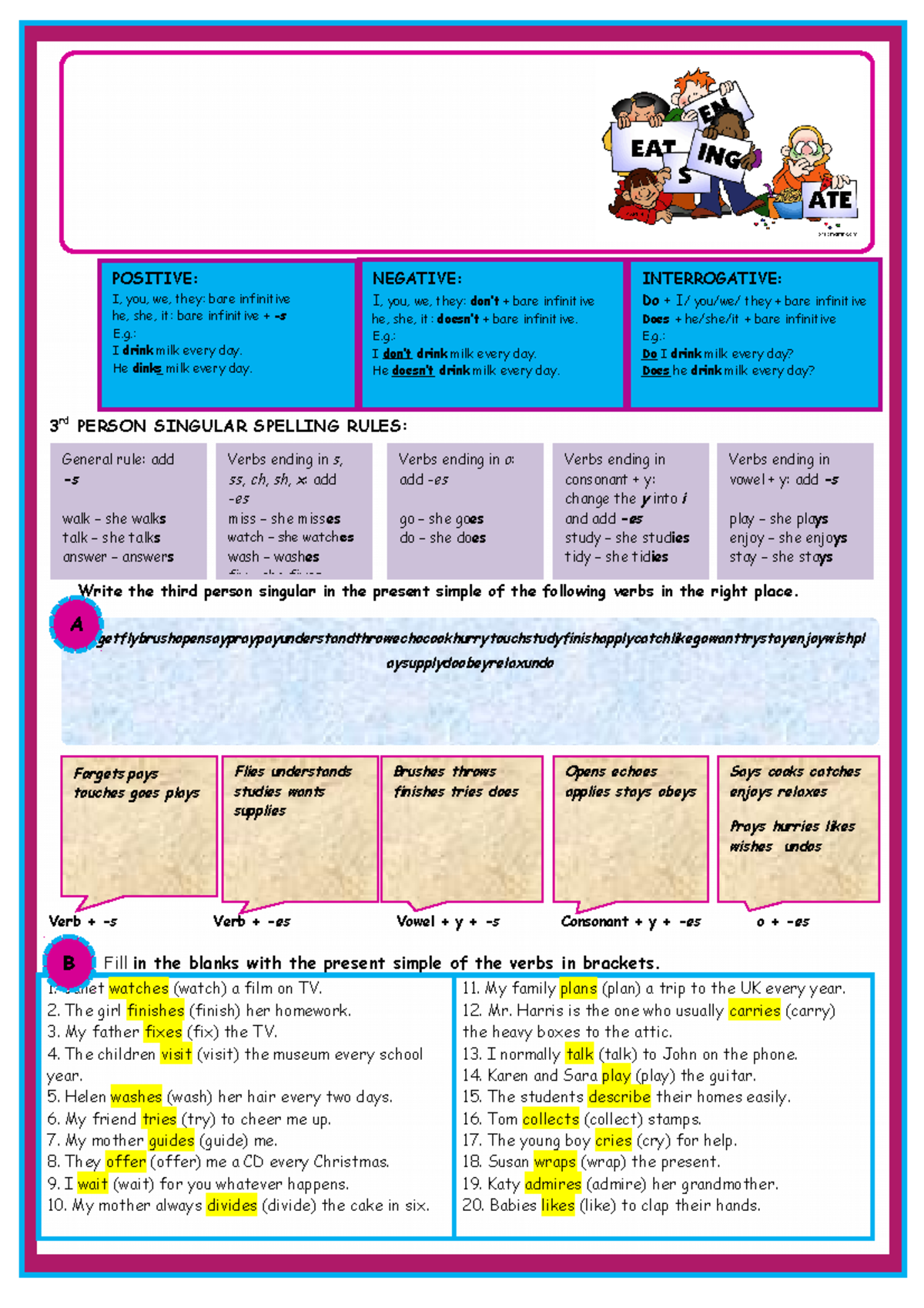 Groupwork 2 Present Simple - 3 rd PERSON SINGULAR SPELLING RULES: Write ...