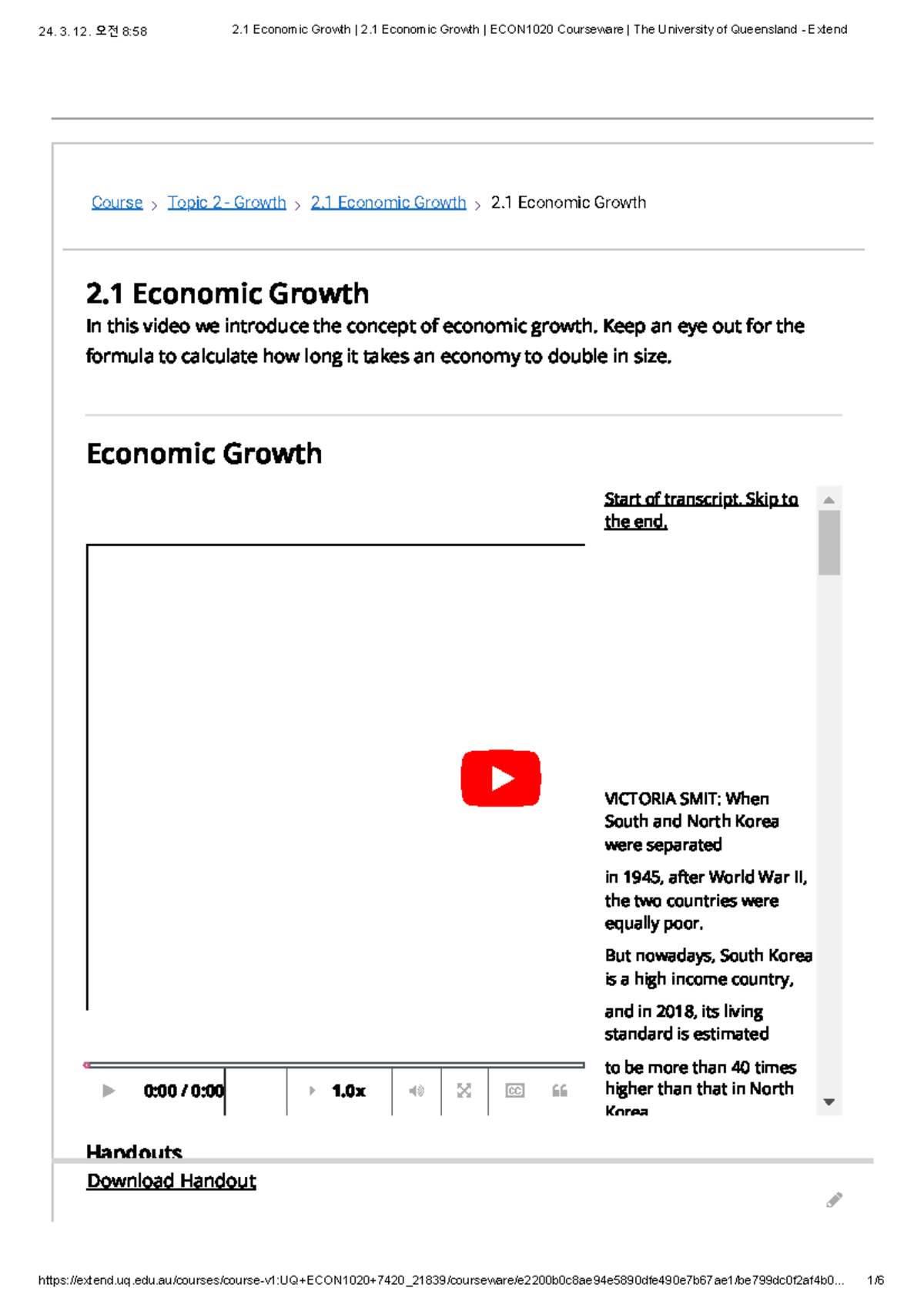 2.1 Economic Growth 2.1 Economic Growth ECON1020 Courseware The ...