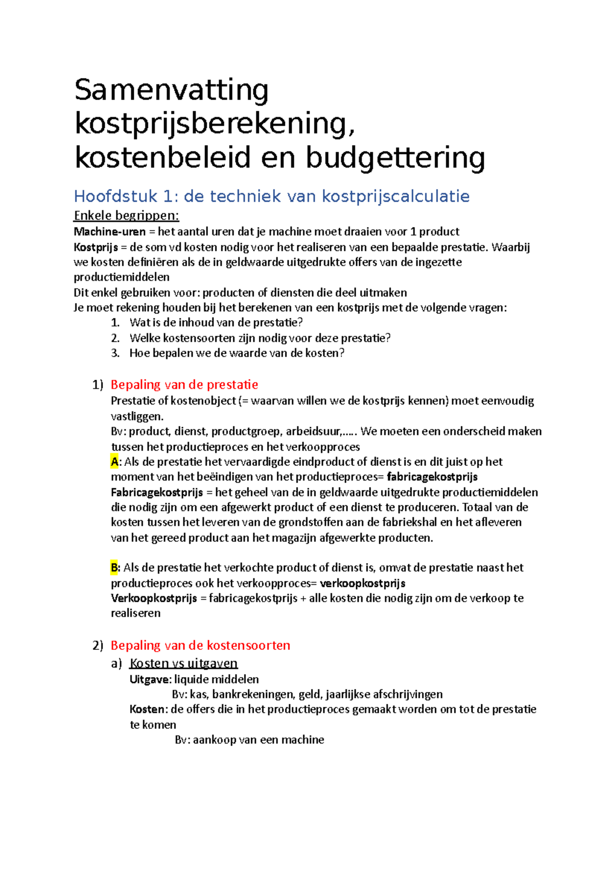 Samenvatting kostprijsberekening - Samenvatting kostprijsberekening ...