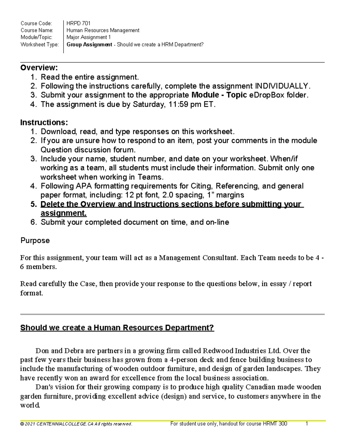 701Shouldwehave HRDept 1 - Course Code: HRPD 701 Course Name: Human ...