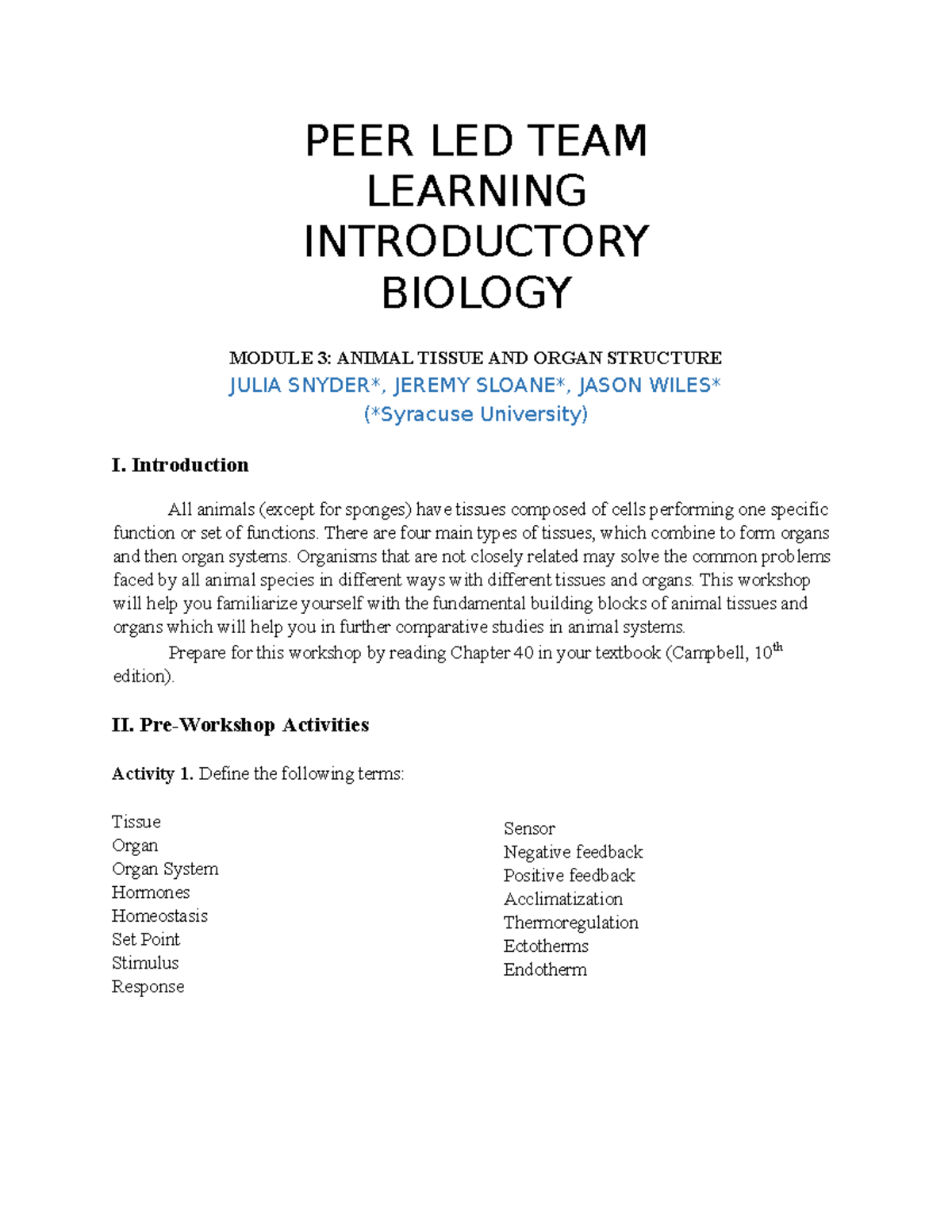 BIO 123 Module 3 Animal Structure - PEER LED TEAM LEARNING INTRODUCTORY