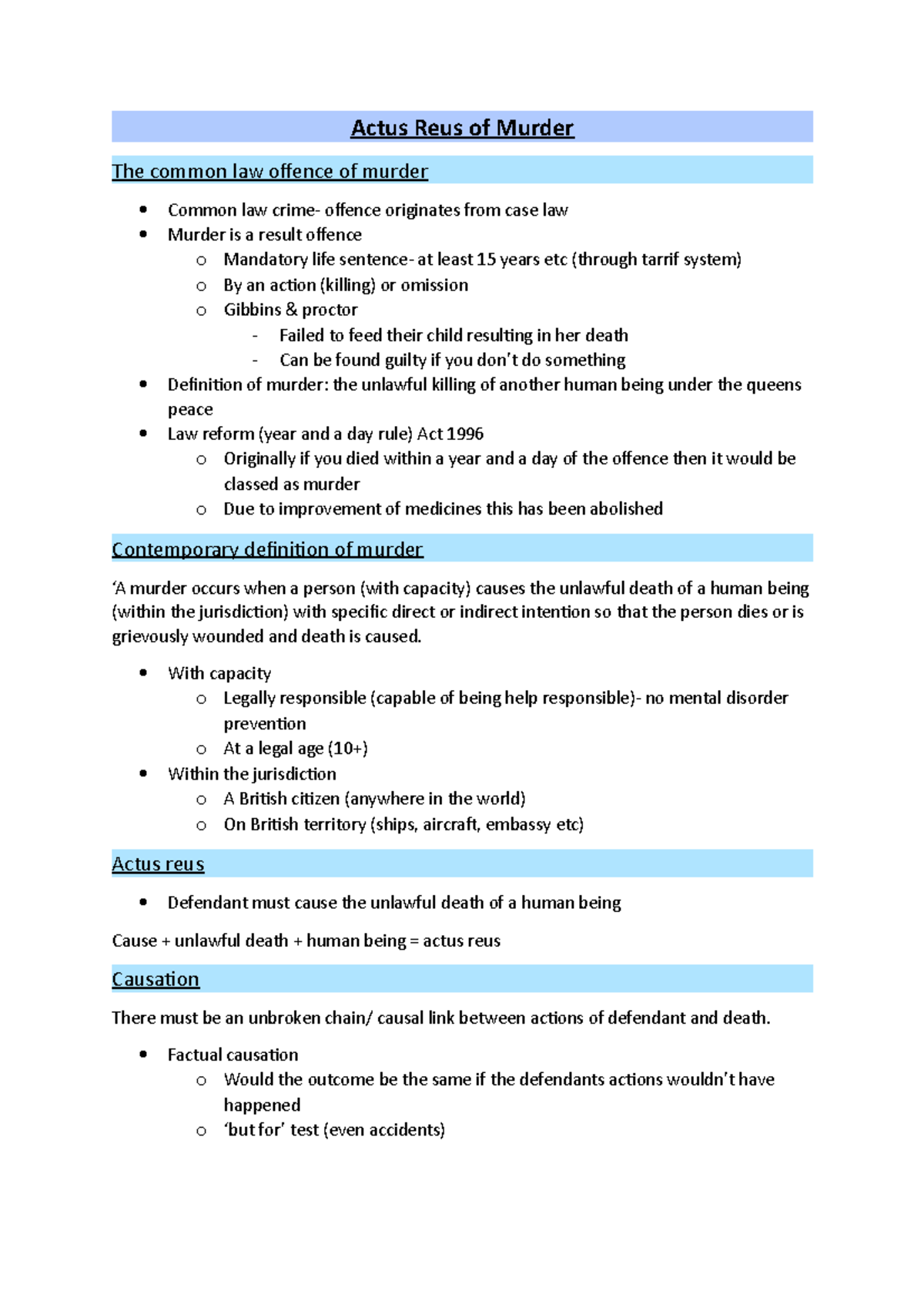 3.Actus Reus of Murder - Actus Reus of Murder The common law offence of ...