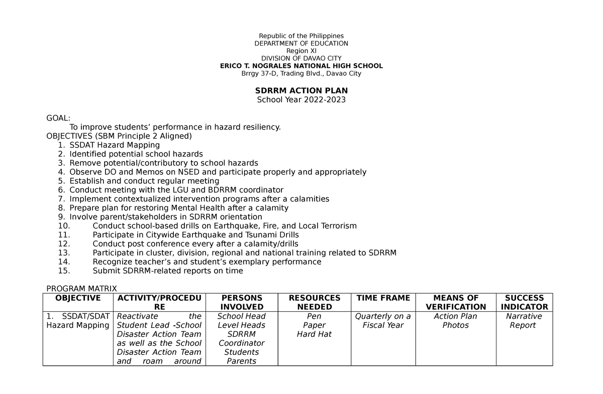 Drrm Action Plan Republic Of The Philippines Department Of Education Region Xi Division Of 0446