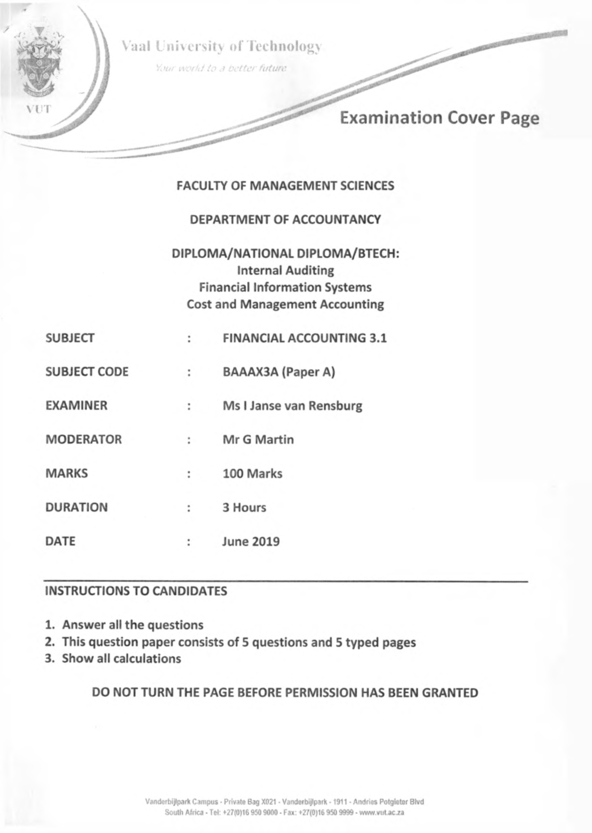 FA JUNE 2019 EXAM - Vaal University of Technology Your world to a ...