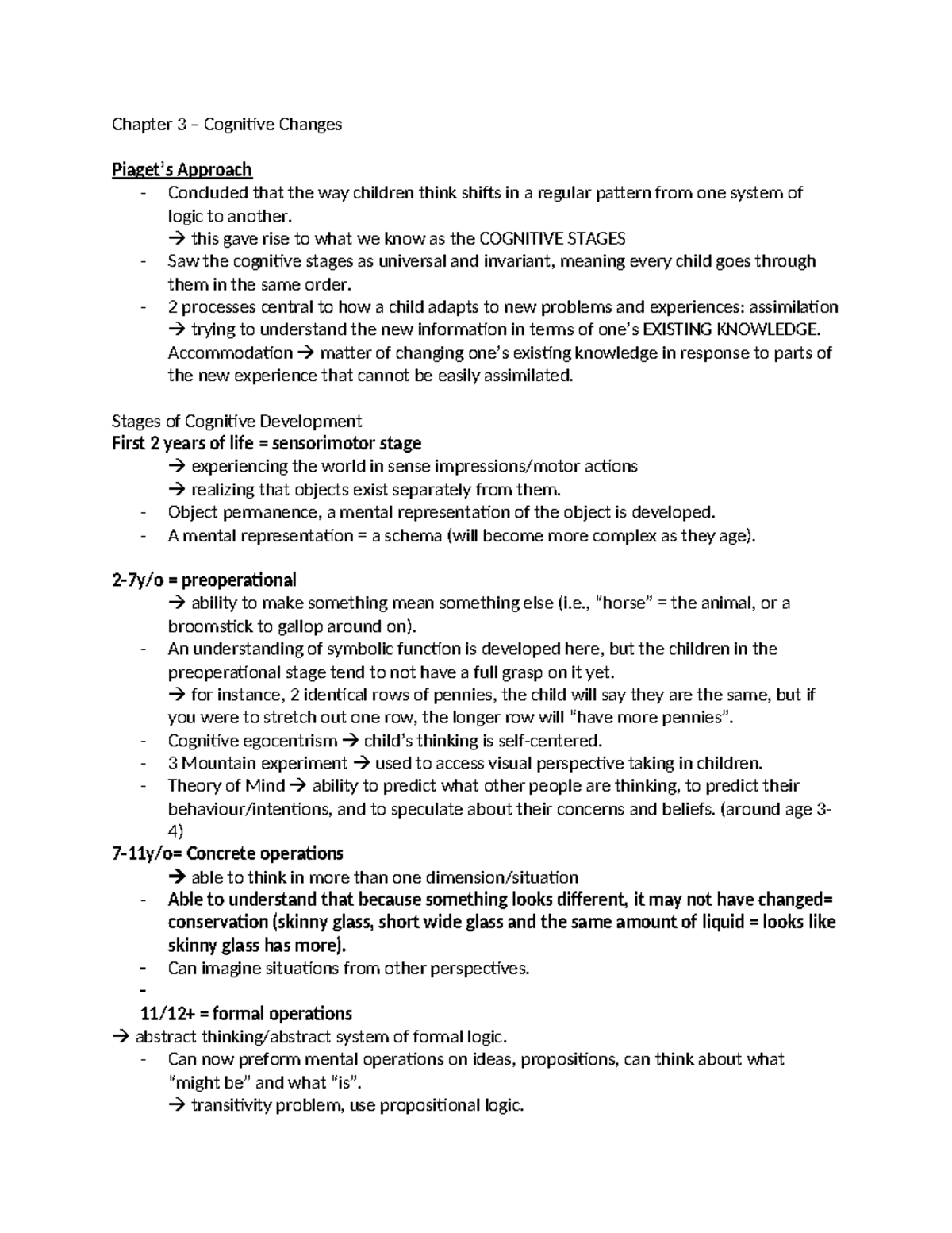 Chapter 3 - lec notes - Chapter 3 – Cognitive Changes Piaget’s Approach ...