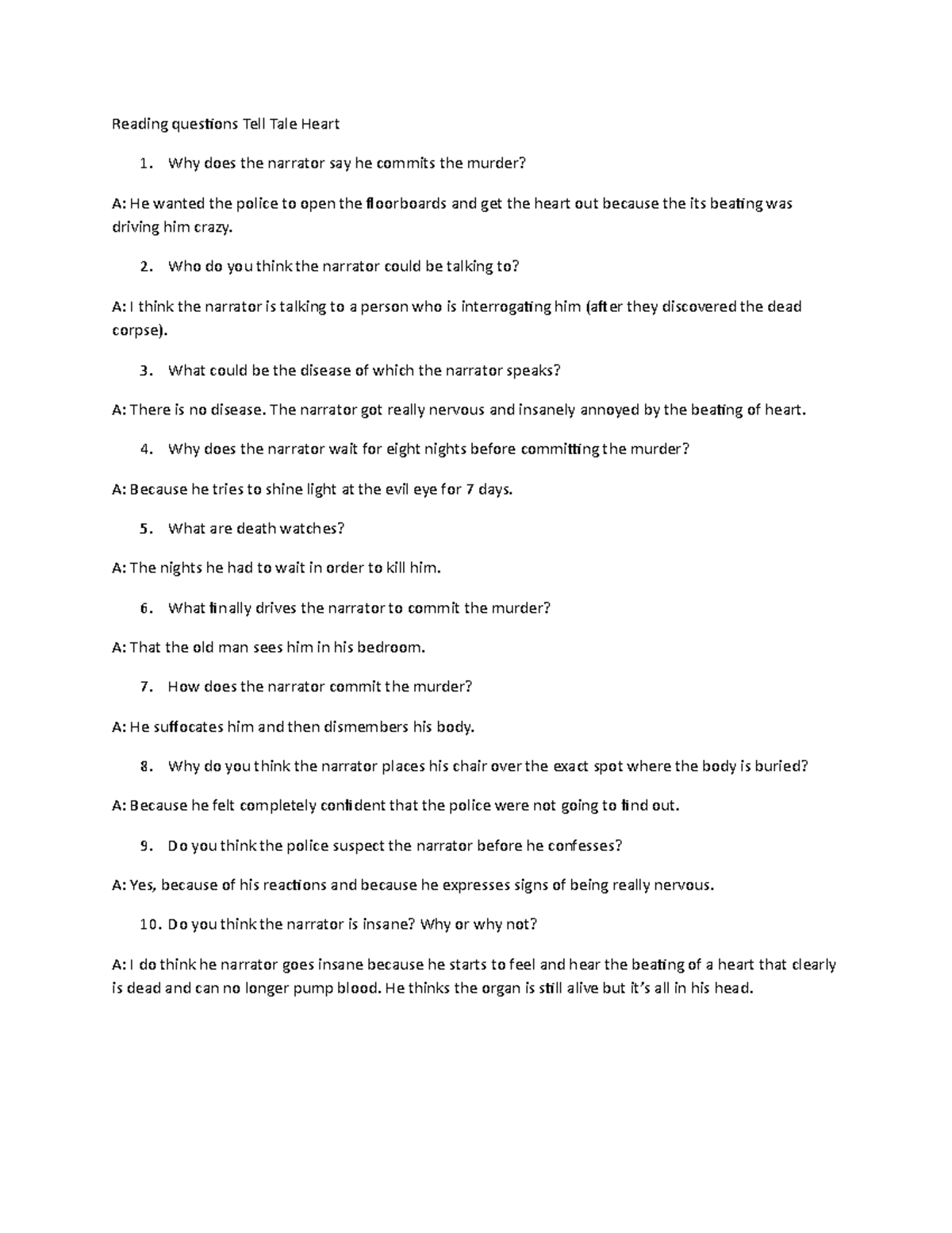 Reading questions Tell Tale Heart Why does the narrator say he