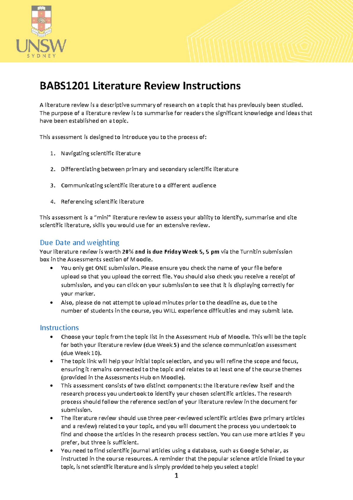 BABS1201 Literature Review Instructions - The purpose of a literature ...