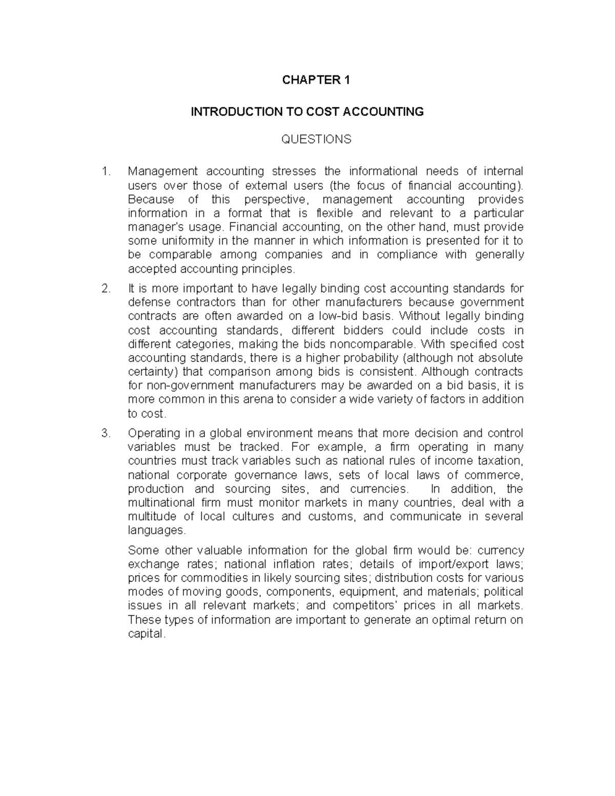 Chapter 01 - INTRODUCTION TO COST ACCOUNTING QUESTIONS Management ...