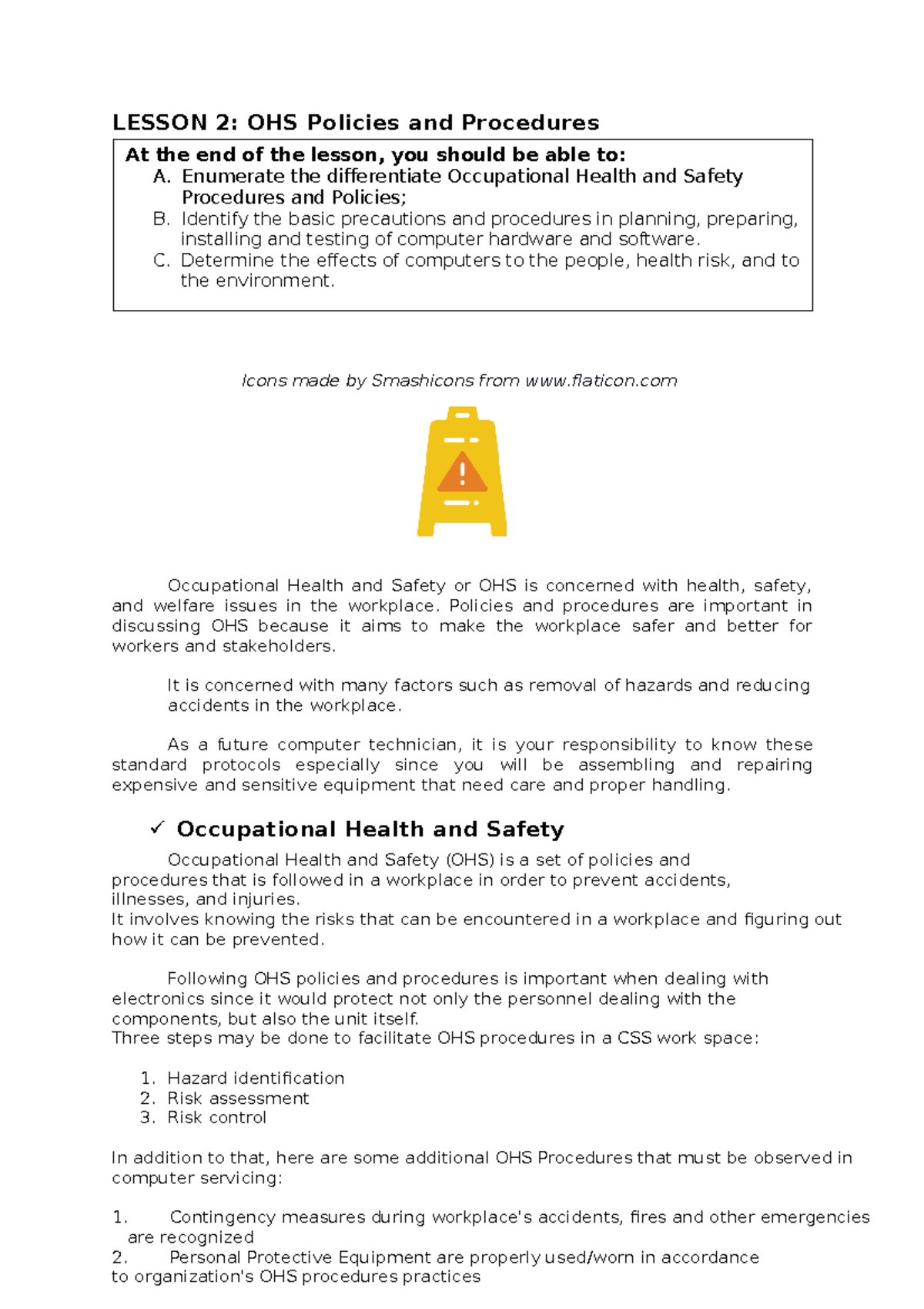 Occupational Health And Safety Policies And Procedures In Computer