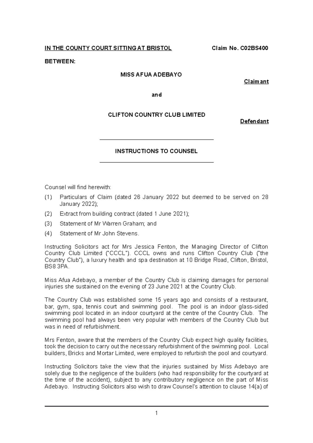 Adebayo Case Papers IN THE COUNTY COURT SITTING AT BRISTOL Claim No