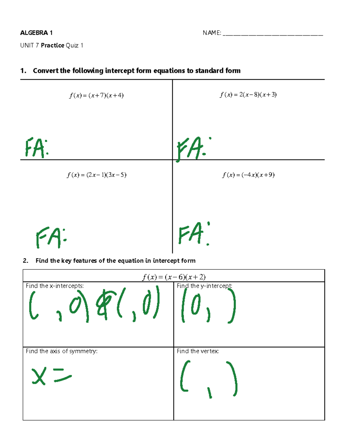 Unit 7 Practice Quiz 1 Yes Algebra 1 Name Unit 7 Practice Quiz 1 Yes Algebra 1 Name