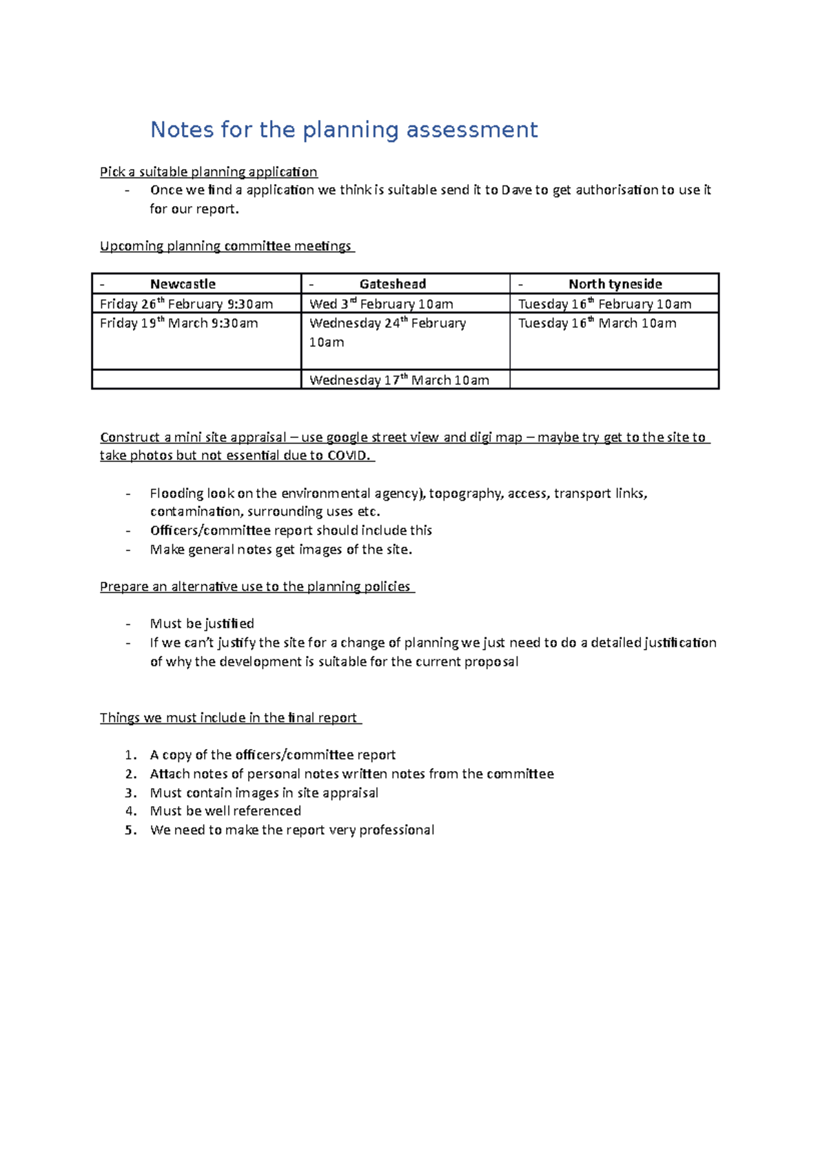 Planning notes Notes for the planning assessment Pick a suitable