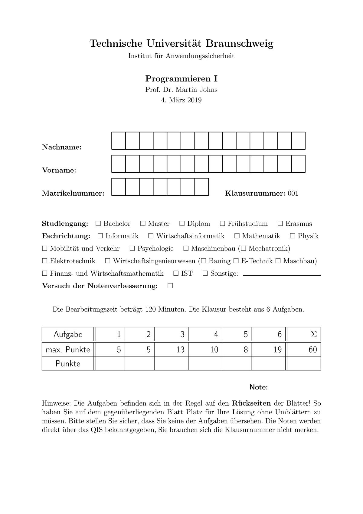 Prog1 Klausur Ws1819 - WS 2018/2019 - Technische Universität Braunschweig Institut Für - Studocu