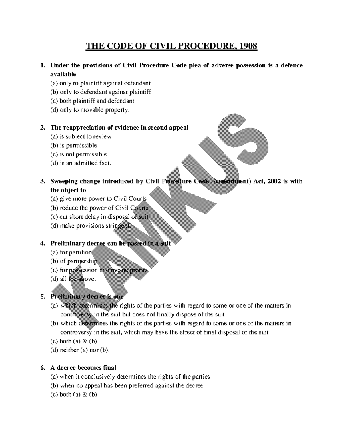 600 MCQ - CPC - CPC MCQS - THE CODE OF CIVIL PROCEDURE, 1908 1. Under ...