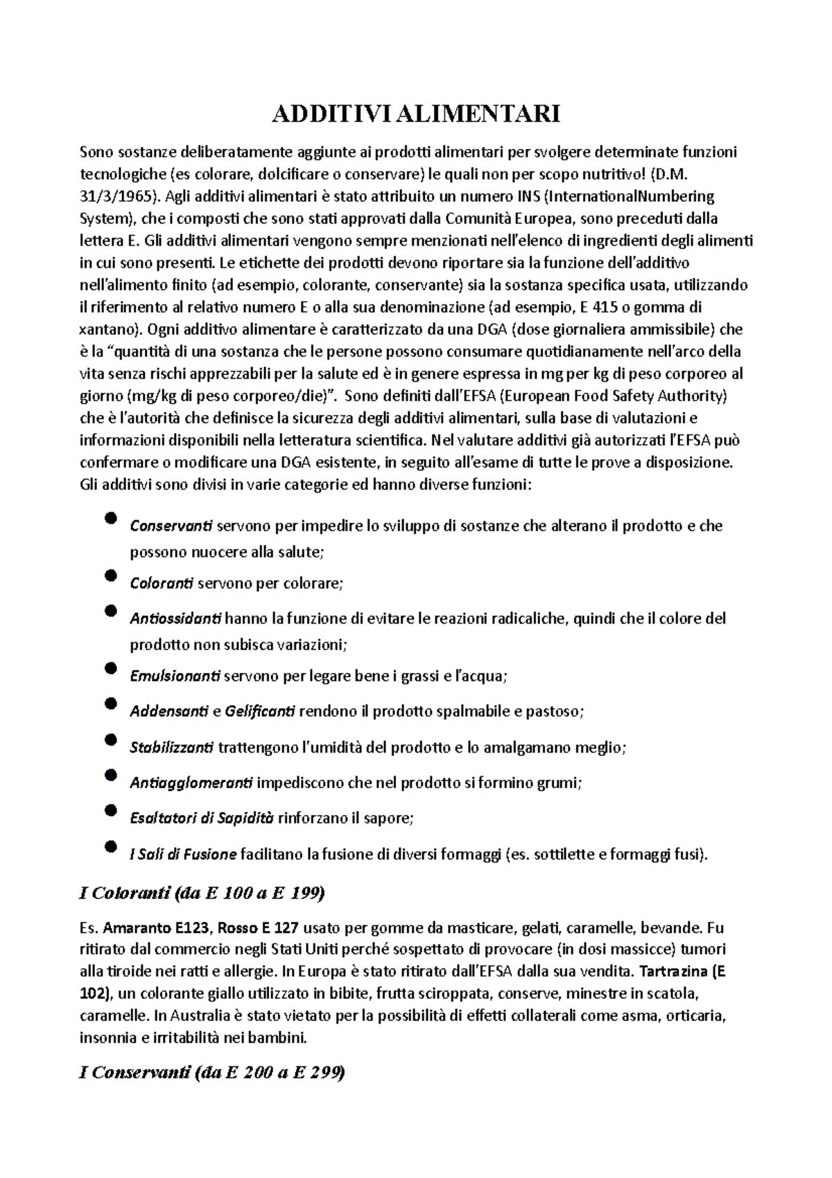 Additivi alimentari - Appunti di lezioni A - ADDITIVI ALIMENTARI Sono ...