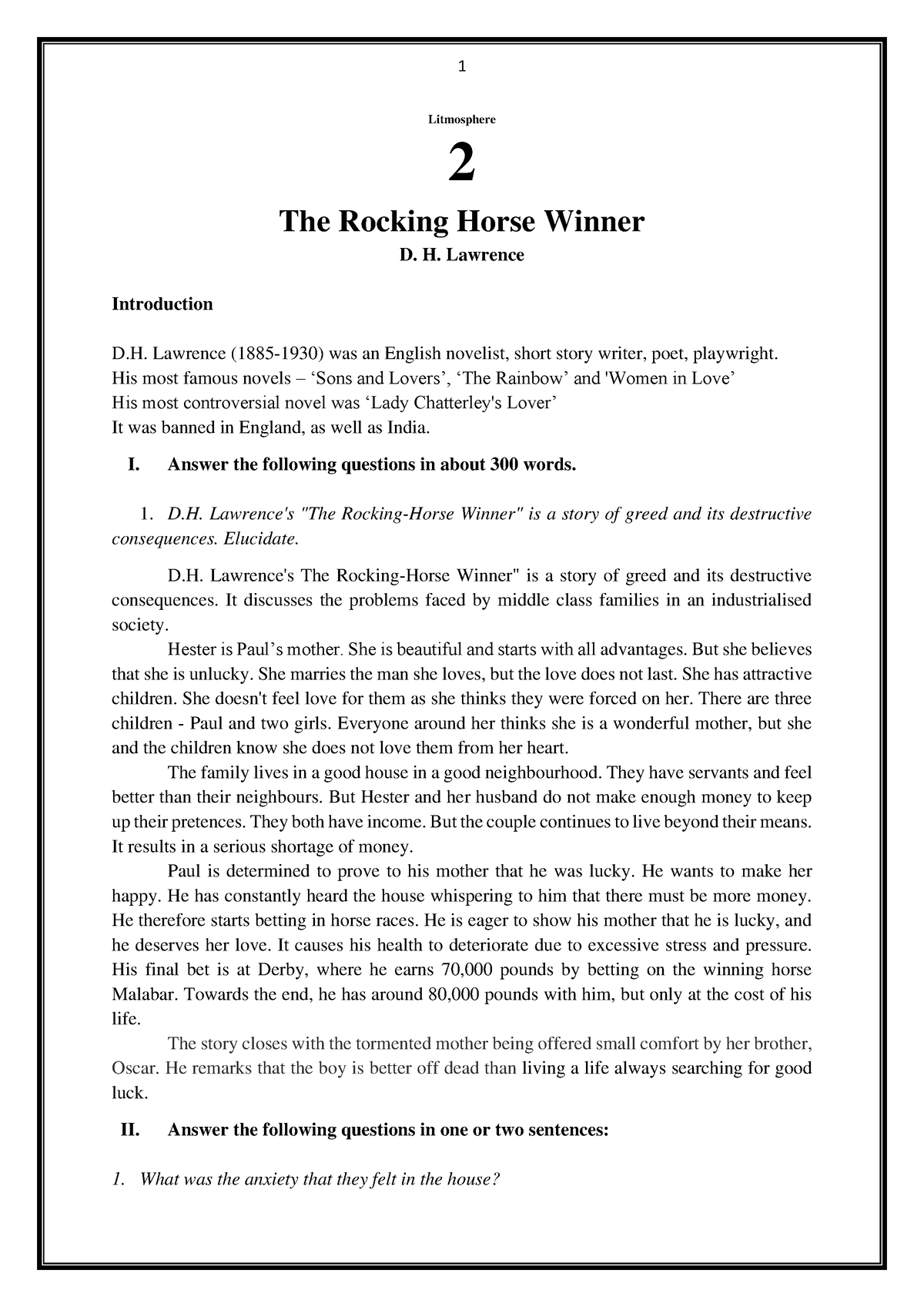 the rocking horse winner theme essay