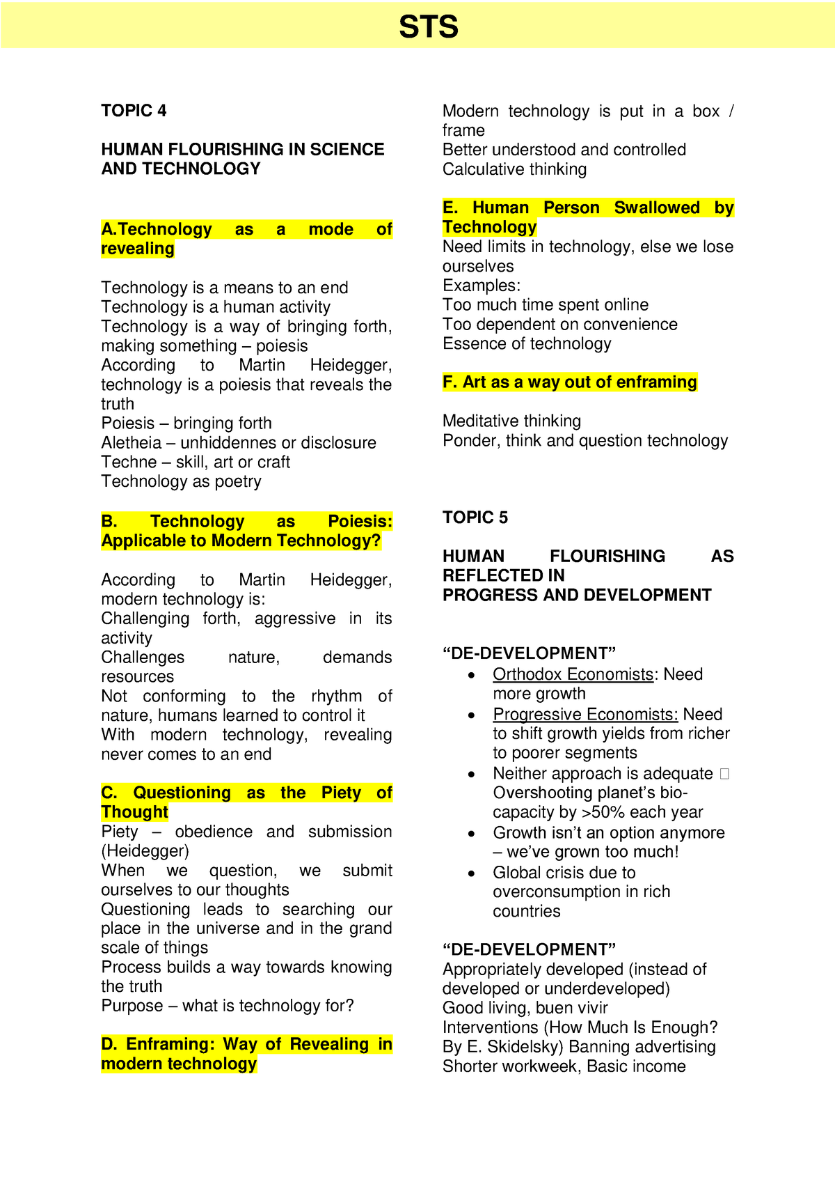 STS- Transes - Notes - TOPIC 4 HUMAN FLOURISHING IN SCIENCE AND ...