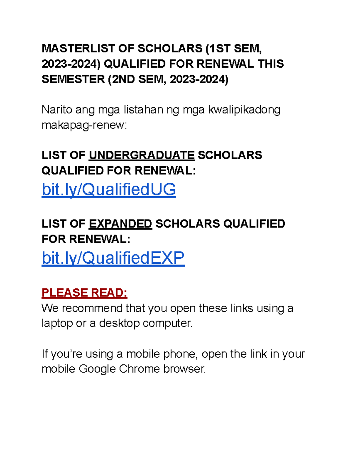 Masterlist OF Scholars Qualified FOR Renewal - MASTERLIST OF SCHOLARS ...