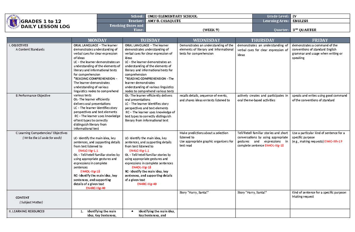 DLL English 4 Q3 W9 - GRADES 1 to 12 DAILY LESSON LOG School: OMIO ...